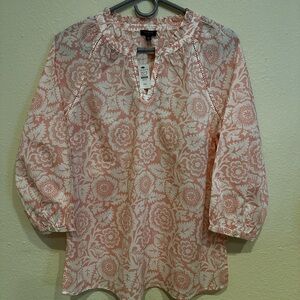 Talbots Coral Floral Blouse With Ruffle Neck Line And V Neck—Size Medium Petite